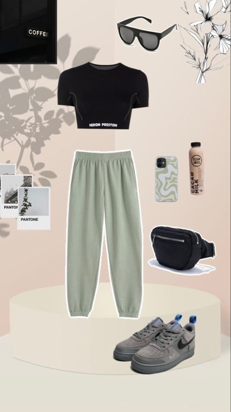 Outfit with Tight tshirt, green sweatpants, nike air force sneakers Green Nike Sweatpants Outfit, Sage Green Sweatpants Outfit, Light Green Sweatpants Outfit, How To Style Green Sweatpants, Green Sweatpants Outfit, Nike Sweatpants Outfit, Errand Outfit, Sweatpant Outfits, Aesthetic Sweatpants