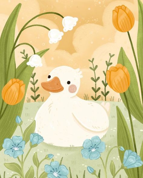 Duck Illustration Cute, Spring Illustration Art, Cute Duck Illustration, Draw Sea Animals, Draw Sea, Duck Illustration, Spring Illustration, Fish Sea, Cute Paintings