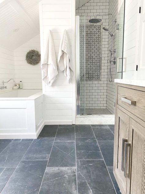 Noir Veined Tile Bathroom, Grey Shower Floor Tile Ideas, Master Bath Tile Floor Ideas, Master Bath Tile Combinations, Master Bath Tile, Veined Marble, Bathroom Details, Elegant Farmhouse, Luxury Master Bathrooms