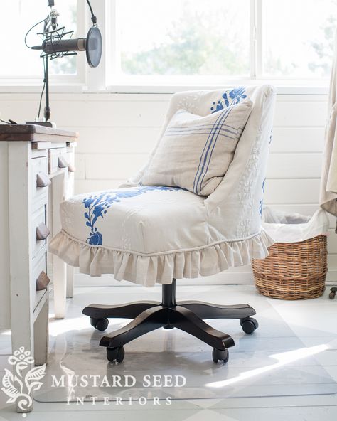 Thistlekeeping - Thistlewood Farm Cover For Desk Chair, Office Chair Covers Slipcovers Diy, Office Chair Slipcover Diy, Chair Cover Ideas, Chair Covers Slipcovers, Farmhouse Bed Frame, Office Chair Diy, Studio Chair, Farmhouse Diy Projects