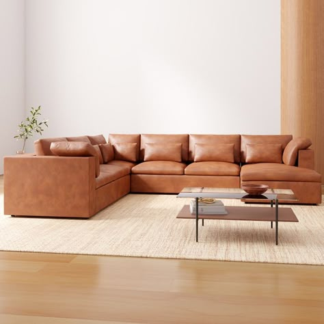 Harmony Modular Leather Sectional | Sofa With Chaise | West Elm Brown Leather Living Room Furniture, Tan Leather Sectional, Leather Sectional Living Room, Orange Leather Sofas, Modern Couches, Leather Couch Sectional, Faux Leather Sectional, Leather Couches Living Room, Leather Modular Sofa