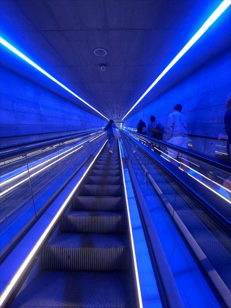 aesthetic, metro, stairs, blue led light, blue Blue Store Aesthetic, Blue Led Aesthetics, Blue Vibes Aesthetic Quotes, Blue City Aesthetic, Tiktok Tweets, Digital Installation, Crazy Pants, Tech Aesthetic, Blue Lights