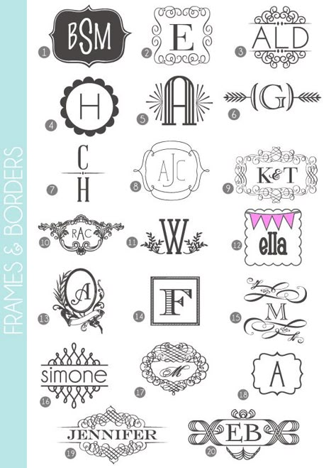 monograms made easy: fonts, frames + borders. (and I finally found the design I used in my business logo!!! ... and lost! thank you, Jesus!!!) Silhouette Fonts, Portfolio Print, Fun Fonts, Monogram Ideas, Font Typography, Fancy Fonts, Favorite Fonts, Cricut Fonts, 자수 디자인