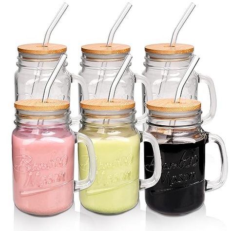 Glass Mason Jar Cups, Mason Jar Drinking Glasses, Jar Cups, Cups With Lids And Straws, Mason Jars With Handles, Mason Jar Cups, Apartment Goals, Cups With Lids, Bachelorette Ideas