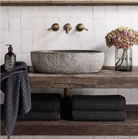 Guest bath Provincial Home Living, Outdoor Counter, Provincial Home, Forest Cottage, Rustic Bathroom Designs, Design Bar, Bad Inspiration, Stone Sink, Downstairs Bathroom