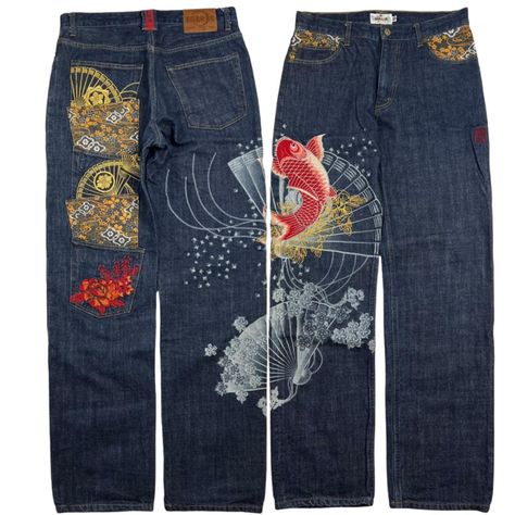 Vintage Karakuri Koi Fish Japanese Denim Jeans

-... - Depop Karakuri Jeans, Koi Fish Japanese, Fish Japanese, Embroidered Designs, Japanese Koi, Future Outfit, Kawaii Fashion Outfits, Japanese Denim, Embroidered Jeans