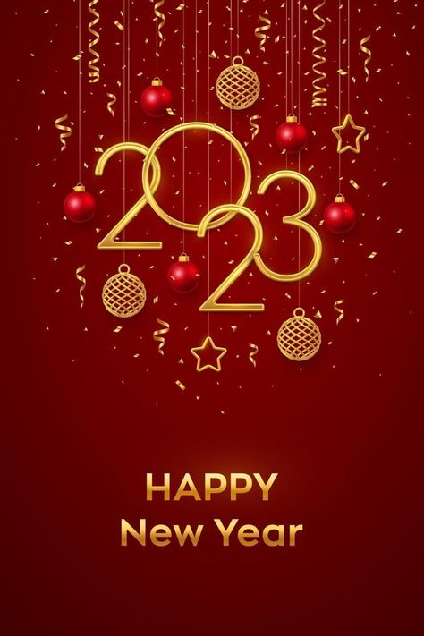 Happy New 2023 Year. Hanging Golden metallic numbers 2023 with shining 3D metallic stars, balls and confetti on red background. New Year greeting card, banner template. Realistic Vector illustration. Quotes New Year, New Year Typography, New Year Wishes Images, 2024 Quotes, 2024 Images, New Year Quotes, Happy New Year Fireworks, Happy New Year Pictures, Happy New Year Wallpaper