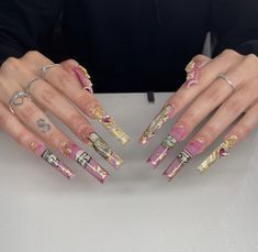 Pink Money Nails Acrylic, Money Nails Designs Pink, Pink Money Nails, Money Nails Acrylic, Pink Money, Fye Nails, Money Nails, Stilleto Nails Designs, Baddie Nails