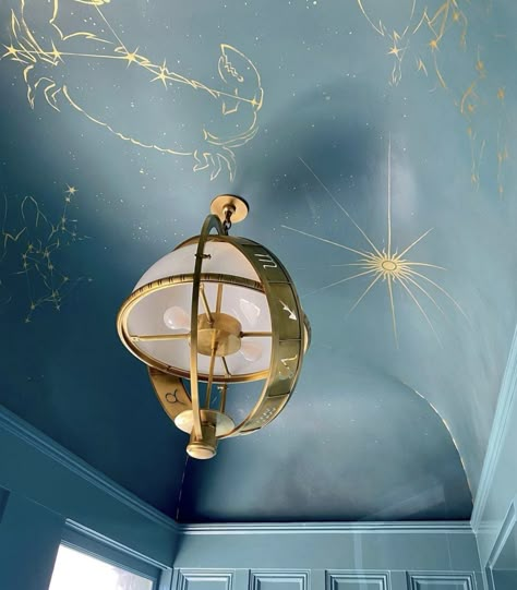 Celestial Mural Bedroom, Sunset Cloud Ceiling, Planetarium Aesthetic Room, Celestial Forest Aesthetic, Celestial Light Fixture, Celestial Office Decor, Celestial Office Aesthetic, Celestial Decor Interior Design, Ravenclaw Nursery