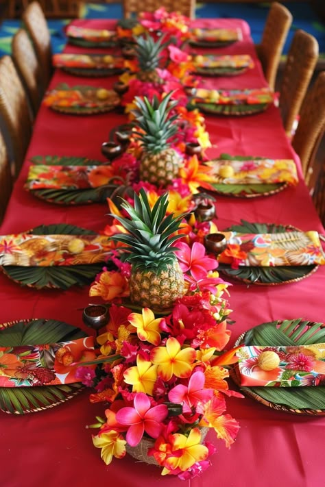 Transform your next event with tropical table settings ideal for summer weddings, dinner parties, and birthdays. Elevate your table setting with vibrant centerpieces, chic runners, and unique decorations that capture the essence of summer. Perfect for any party, these tropical touches will leave your guests in awe. Hawaiian Table Setting, Luau Table Setting, Luau Table Decorations, Hawaiian Centerpieces, Luau Centerpieces, Grad Dinner, Hawaiian Dinner, Island Night, Pineapple Centerpiece