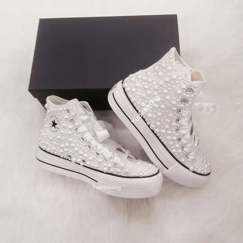 Custom Wedding Sneakers With Pearl -Bling Canvas Bridal Shoes -Pearl Bride Shoes. Wedding Gift -Birthday Anniversary  Gift For Her. Fully binged with high-quality and delicate pearls. Custom on  chuck canvas shoes. Customize your pair for a personalized touch.  Order completion within a week, and enjoy free shipment. Wedding Shoes Unique, Canvas Bridal, Converse Shoes Men, Bedazzled Shoes Diy, Custom Converse Shoes, Bride Sneakers, Bling Wedding Shoes, Unique Wedding Shoes, Converse Wedding Shoes