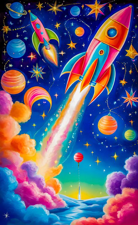 As day yields to night, let the stars usher you into dreams. Rockets of imagination ignite, casting a brilliant trail across the velvet cosmos. Planets in hues of wonder spin stories yet to be told. Goodnight, dreamers of the universe ✨🚀 #AIAri #art #digitalart #NyxAIStudio Dreamland Illustration, Rocket Ship Painting, Outer Space Art, Space Doodles, Castle Illustration, Mickey Mouse Costume, Astronaut Wallpaper, Space Painting, Star Painting