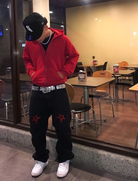 Red And Black Guy Outfits, Cap Pose Men, Mexican Outfit Ideas For Men, Red Bape Hoodie Outfit, Bape Hoodie Outfit Men, Y2k Outfits Street Styles Men, Red Streetwear Outfit Men, Red And Black Outfits Men, Y2k Outfits Japanese