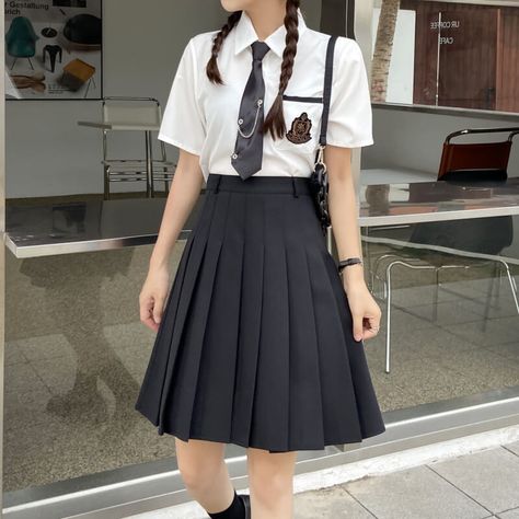 cutiekill-plus-size-classic-a-line-medium-pleated-skirt-c00323 Goth Outfits Plus Size, Uni Fashion, Pink Academia, Pleaded Skirt, School Uniform Fashion, School Uniform Outfits, School Skirt, Uniform Dress, Black Pleated Skirt