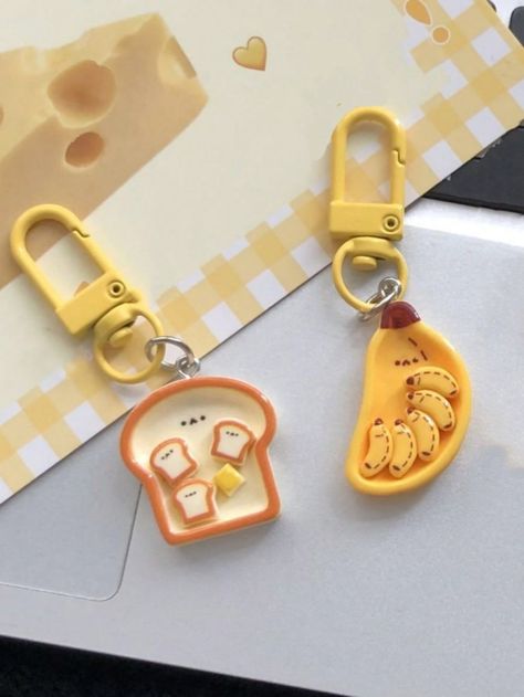 1set/2pcs Cute Breakfast Plate Pendant Keychain Banana & Toast Shaped Food Simulation Keychain Funny Couple Best Friends Bag Charm Key Chain Charms Cute Stuff Multicolor    Zinc Alloy Cartoon    Bag Accessories, size features are:Bust: ,Length: ,Sleeve Length: Cute Kawaii Keychains, Cute Aesthetic Keychains, Matching Keychains Best Friends, Cute Clay Keychains, Disney Clay Charms, Banana Keychain, Food Keychains, Couple Best Friends, Couple Keychains