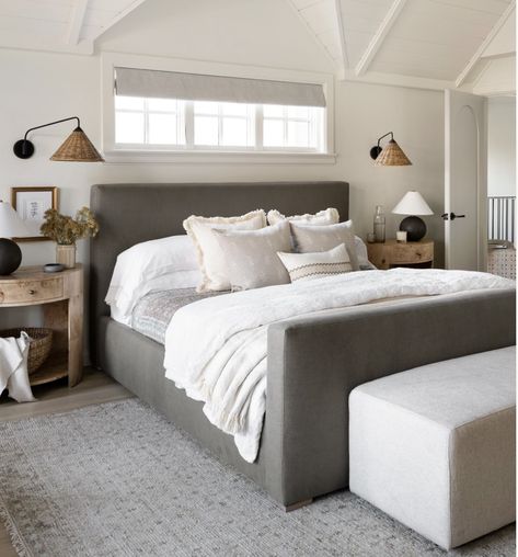 Grey Upholstered Bed Bedroom Ideas, Dark Grey Bed Frame Bedroom Ideas, Grey Bedframe Room Ideas, Windows Behind Bed, Gray Bed Frame Bedroom Ideas, Grey Bed Frame Bedroom Ideas, Grey Headboard Bedroom, Grey Upholstered Bed, Grey Bed Frame