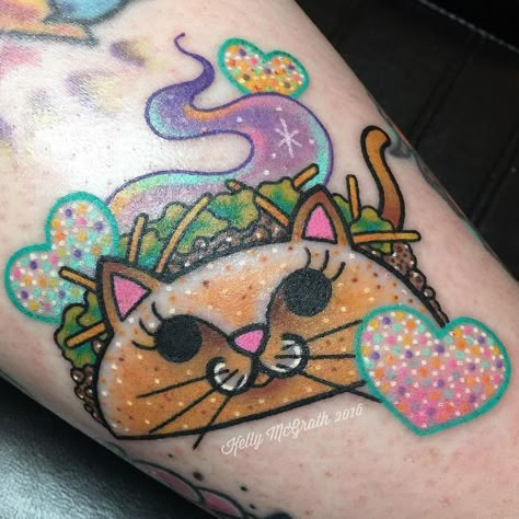 Revenge Tattoos, Lisa Frank Tattoo, Glitter Tattoo Ideas, Taco Tattoos, Frank Tattoo, Technology Tattoo, Vibrant Tattoos, Kawaii Tattoos, Tattoo Ideas Sleeve