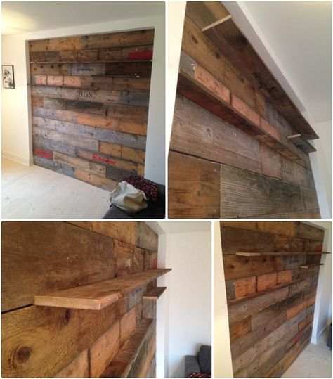 Pallets Wall #Pallets, #Shelves, #Wall Junk Furniture, Wall With Shelves, Integrated Shelves, Business Equipment, Repurpose Pallets, Pallet Walls, Pallet Designs, Woodworking Inspiration, Recycled Pallet