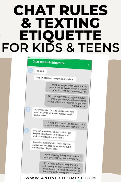 Teach your kids basic chat rules and digital etiquette using this free printable list of chat and texting etiquette for tweens and teens. #tweens #teens #parenting #textingetiquette #socialskills Etiquette For Kids, Digital Etiquette, Texting Ideas, Cell Phone Etiquette, Texting Etiquette, Online Etiquette, Etiquette Classes, Social Media Etiquette, Room Rules