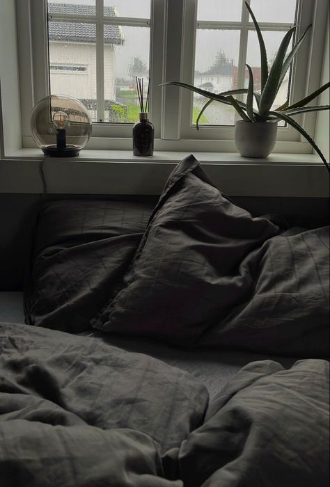 grey satin sheets & aloe vera plants. gloomy rainy day, dark, comfy autumn/winter aesthetic. bedroom interior design inspiration. Dark Grey Bedding Ideas Modern, Grey Sheets Aesthetic, Black Satin Sheets Bedroom, Dark Bed Sheets Aesthetic, Black Bedsheet Aesthetic, Dark Grey Bedroom Aesthetic, Black Bed Sheets Aesthetic, Grey Green Bedroom Ideas, Grey Bedding Aesthetic