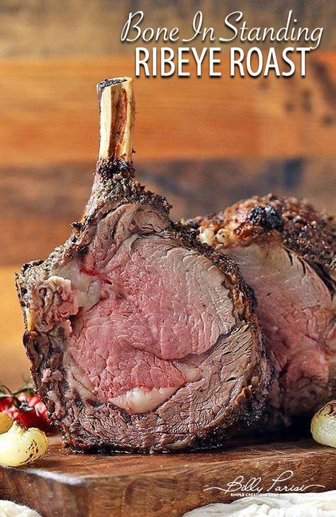 Bone In Standing Rib Roast Recipe - this amazing herb and garlic rubbed standing rib roast is oven roasted and finished with a red wine pan sauce! #ribeye #ribroast #primerib Bone In Ribeye Roast, Standing Rib Roast Recipe, Red Wine Pan Sauce, Beef Ribeye Roast, Beef Rib Roast, Red Wine Recipe, Prime Rib Roast Recipe, Ribeye Roast, Bone In Ribeye