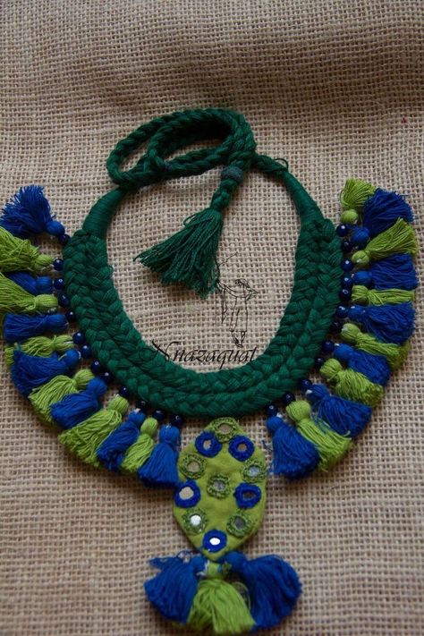 Tribal Jewelry by Nnazaquat  Hand embroidered and braided necklace Macrame Navratri Jewellery, Navratri Jewellery, Navratri Outfits, Crochet Jewelry Necklace, Navratri Collection, Diy Earrings Easy, Mirror Jewelry, Diy Fabric Jewellery, Fabric Jewellery