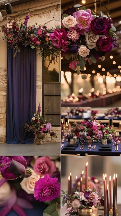 Pink Purple Wedding Theme, Raspberry Wedding Color, Dark Purple Wedding Theme, Magenta Wedding Colors, Blue Wedding Theme Ideas, Jewel Tone Wedding Colors, Deep Purple Wedding, Navy Blush Weddings, Dark Purple Wedding