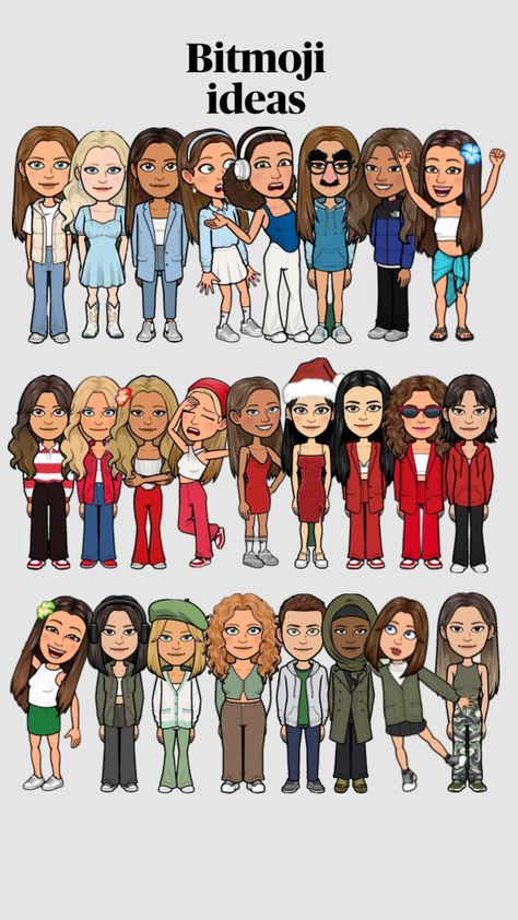 Cute Bitmoji Ideas, Christmas Bitmoji Outfits, Cute Bitmoji, Pretty Bitmoji Ideas, Snap Bitmoji, Bitmoji Inspo, Snapchat Outfits, Cute Snapchat Bitmoji Ideas, Snapchat Bitmoji