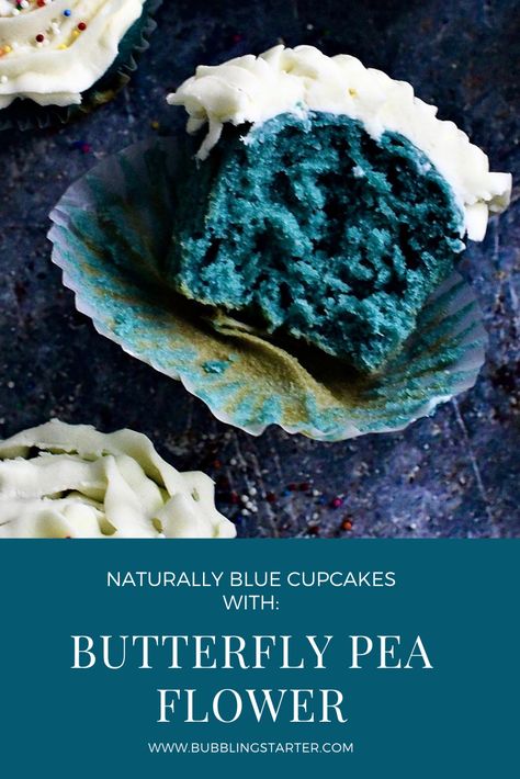 Butterfly Pea Cake Recipe, Pansy Flower Recipes, Butterfly Pea Flower Cupcakes, Butterfly Pea Flower Frosting, Spring Bakery Treats, Butterfly Blue Pea Flower, Butterfly Pea Dessert, Herbal Cupcakes, Blue Pea Flower Recipes