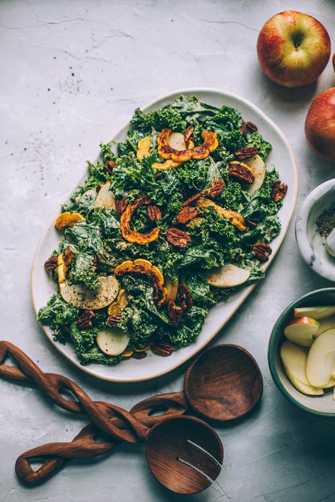 Harvest Moon Kale Caesar Salad with Creamy Maple Mustard Dressing — Will Frolic for Food Delicata Squash Recipe, Roasted Delicata Squash, Kale Caesar, Kale Caesar Salad, Maple Mustard, Kale Salad Recipes, Caesar Salad Recipe, Squash Salad, Delicata Squash