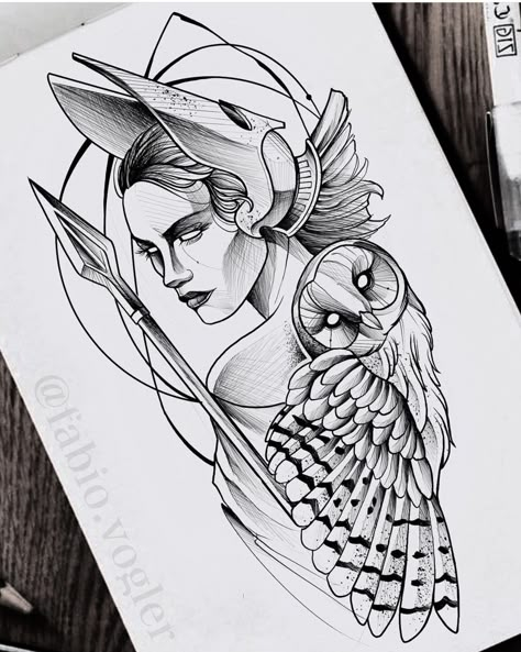 Owl And Athena Tattoo, Athena Tattoo Thigh, Athena And Owl Tattoo Design, Greek Goddess Athena Tattoo, Warrioress Tattoo, Athena Goddess Tattoo Design, Medusa Athena Tattoo, Athena Tattoo Stencil, Athena Tattoo Ideas