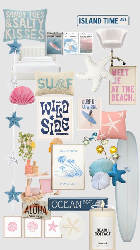 #beach #decor #roomideas #fun #calibedroom #aesthetic #preppy Beach Aesthetic Bedroom, Ocean Room Decor, Room Wishlist, Ocean Room, Preppy Bedroom, Beachy Room, Aesthetic Preppy, Dorm Room Designs, Room Redesign