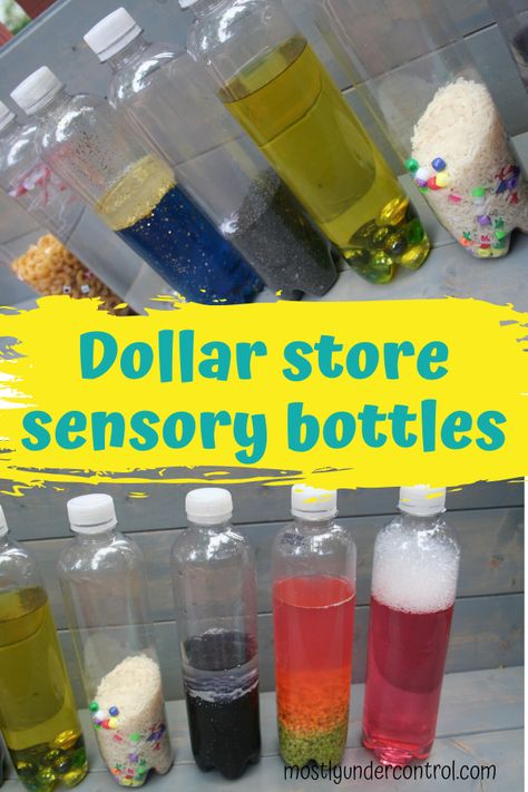 Check out these really easy sensory bottles - all supplies are from the dollar store! Dollar Tree Sensory Bottles, Dollar Store Sensory Ideas, Individual Sensory Bins Preschool, Dollar Store Activities For Toddlers, Dollar Tree Sensory Items, Dollar Tree Preschool, Dollar Tree Activities For Toddlers, Dollar Tree Kids Activities, Dollar Store Toddler Activities