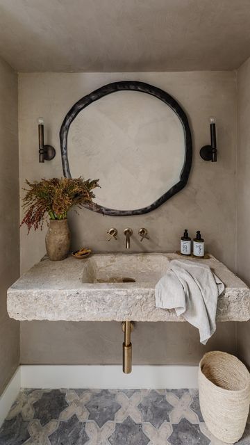 Travertine Wall, Travertine Sinks, Wall Mount Sink, Marble Sinks, Spanish Revival, Stone Sink, Powder Bath, Dream Apartment, Kids Bathroom