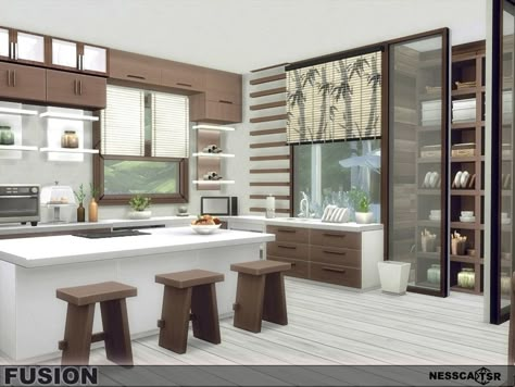 The Sims Resource - Fusion Sims 4 Houses Kitchen Ideas, Kitchen Layout Sims 4, Kitchen Inspo Sims 4, Sims 4 Kitchen Island Ideas, Sims 4 Modern Kitchen No Cc, Sims 4 Modern Farmhouse Kitchen, Sims Kitchen Ideas Modern, Modern Sims 4 House Interior, Sims 4 Large Kitchen Ideas