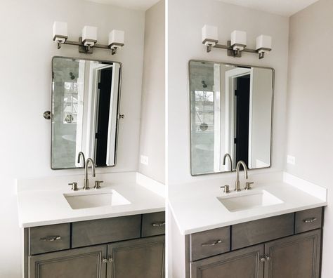 Bathroom Mirrors Modern Farmhouse, Best Bathroom Vanity Mirrors, Bathroom Vanity In Corner, Mirror Size Guide For Vanity, Bathroom Vanity Mirror Size Guide, Colorado Bathroom, Bathroom Vanity Mirror Ideas, Bathroom Vanity Redo, New Bathroom Vanity