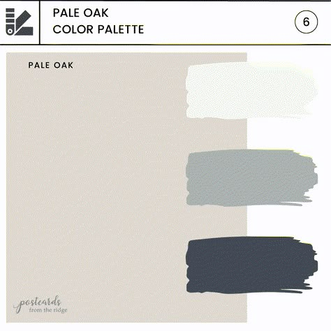 Benjamin Moore Pale Oak - why it's a favorite - Postcards from the Ridge Pale Oak Vs Collingwood Benjamin Moore, House Color Palettes Benjamin Moore, Pale Oak Vs White Dove, Pale Oak Walls Kitchen, Pale Oak By Benjamin Moore, Pale Oak Bedroom Benjamin Moore, Pail Oak Benjamin Moore, Pale Oak Whole House Palette, Bm Pale Oak Coordinating Colors