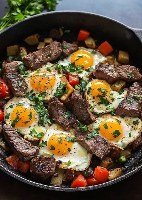 Savor a hearty Steak and Eggs Hash, perfect for brunch or a comforting dinner! Juicy steak, crispy potatoes, and sunny-side-up eggs. #BrunchGoals #SteakLovers #ComfortFood Steak And Eggs Breakfast, Breakfast Steak And Eggs, French Toast Bites, Steak Breakfast, Hearty Breakfasts, Eggs Dinner, Leftover Steak, Steak Potatoes, Delicious Steak