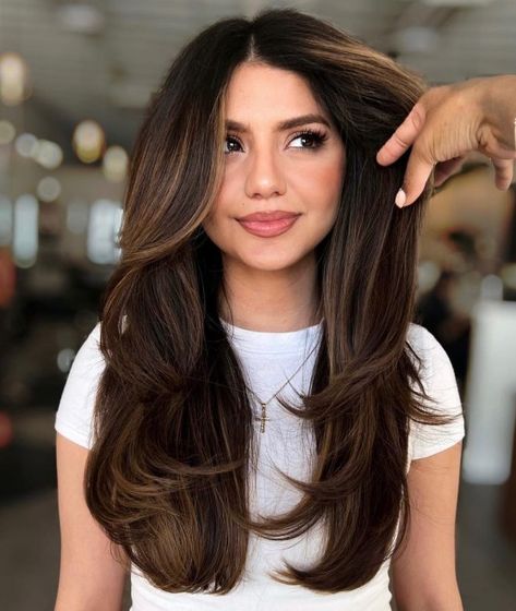 Straight Brunette Hair with Layers and Caramel Highlights Step Cut For Long Hair, Balayage With Layers, Layer Cut For Long Hair, Medium Balayage Hair, Straight Brunette Hair, Ash Balayage, Balayage Straight Hair, Balayage Ideas, Butterfly Haircut