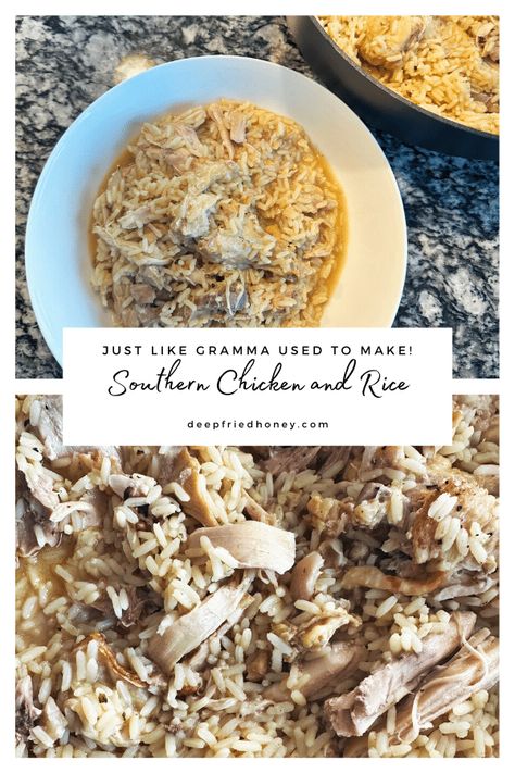 Some old-fashioned recipes need no updating and this Southern Chicken and Rice is one of them. It's just like gramma used to make! Perlo Rice Recipe Southern, Grandma Chicken And Rice, East Chicken And Rice Recipes, Southern Style Stewed Chicken And Rice, Southern Rice And Gravy, Chicken And Rice Southern Style, Chicken And Rice Recipes Southern, Old Fashion Chicken And Rice Recipes, Chicken And Rice Old Fashioned