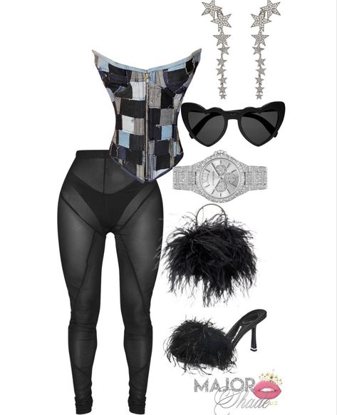 Graphic Corset Outfit, Mesh Shirt Outfit Black Women, Club Outfit Ideas Black Women, Extra Birthday Outfit, Miami Nightlife Outfits, Pisces Birthday Outfit, Club Outfits For Women Black Woman, Release Party Outfit, Birthday Outfits Club