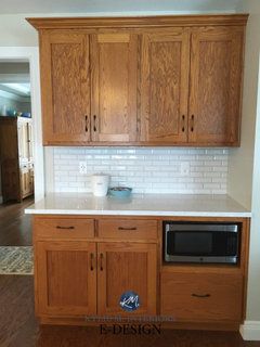 Backsplash Ideas For Maple Cabinets, Tile Backsplash With Oak Cabinets, White Backsplash Oak Cabinets, White Backsplash Kitchen Wood Cabinets, Kitchen Backsplash With Maple Cabinets, Staining Oak Cabinets, Kitchen Backslash, Painted Backsplash, Kylie M Interiors