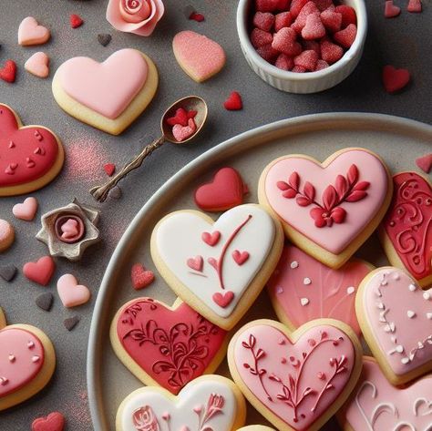 iva | ai desserts artist on Instagram: "Spread love on Valentine's Day with heart-shaped sugar cookies! ❤️🍪 Start by whipping up a classic sugar cookie dough, roll it out, and cut out adorable heart shapes. Bake until golden, then get creative with decorating – use pink and red icing, sprinkles, or edible glitter for a festive touch. Share these sweet treats with your loved ones and make this Valentine's Day extra special! 💕🎁 . . . . . . . . . #aifoodcreations #aifood #valentineday #stvalentinesday #valentines#valentineday2024 #myvalentine #vday #valentinecookies" Valentine Baby Shower Cookies, Valentine’s Day Cookies, Valentine Day Cookies, Icing Sprinkles, Red Icing, Valentines Day Cookie, Heart Shaped Sugar Cookies, Heart Desserts, Valentines Day Sugar Cookies