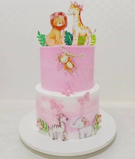 Safari Baby Shower Cake Girl, Safari Baby Shower Girl, Safari Baby Girl, Woodland Birthday Cake, Festa Safari Baby, Safari Baby Shower Cake, Jungle Theme Cakes, Baby Shower Safari Theme, Safari Baby Animals