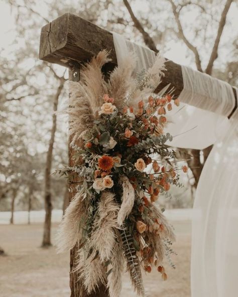 40+ Fall Wedding Ideas on a Budget We Love | HubPages Fall Wedding Boho Bouquets, Farmhouse Theme Wedding Decor, Fall Boho Wedding Flowers Arch, Wedding Arch With Pampas And Flowers, Fall Pampas Decor, Wedding Wooden Arch Decor, Wedding Grass Decor, Simple Rustic Wedding Flowers, Fall Boho Wedding Aisle Decor