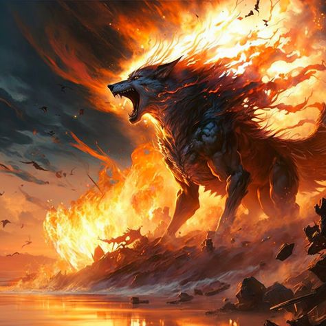 Fire Wolf Fantasy Art, Fenrir Fantasy Art, Wolf Vs Dragon, Werewolf Fantasy Art, Wolf Fantasy Art, Fenrir Art, Wolf Beast, Wolf Art Fantasy, Fire Wolf