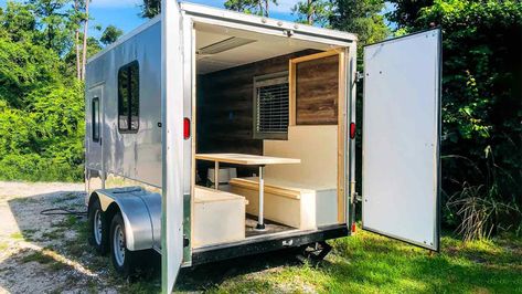 How To Turn A Cargo Trailer Into A Camper In Easy Steps Small Enclosed Trailer, Small Cargo Trailers, Converted Cargo Trailer, Cassette Toilet, Enclosed Trailer Camper, Cargo Camper, Trailer Camper Conversion, Cargo Trailer Camper Conversion, Enclosed Cargo Trailers