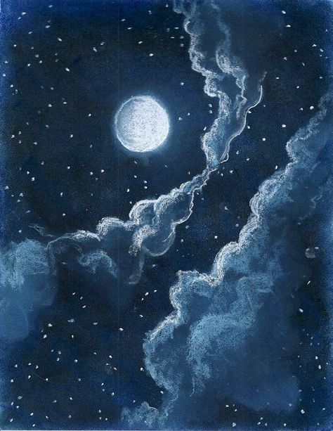 Evocative, dark blue like this Night Sky Drawing, Night Sky Art, Soft Pastel Art, Night Sky Painting, Luna Moon, Rose Illustration, Moon Drawing, Oil Pastel Art, Galaxy Painting