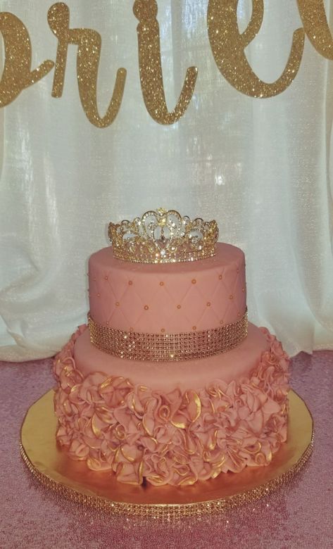 Two Tier Quinceanera Cake, Rose Gold Princess Cake, Rose Gold Cake Quinceanera, Birthday Cakes Pink And Gold, Pink And Gold Princess Cake, Pink And Gold Cake Birthday, Pink And Gold Cake Ideas, Cakes Pink And Gold, Rose Gold Cake Ideas Birthday