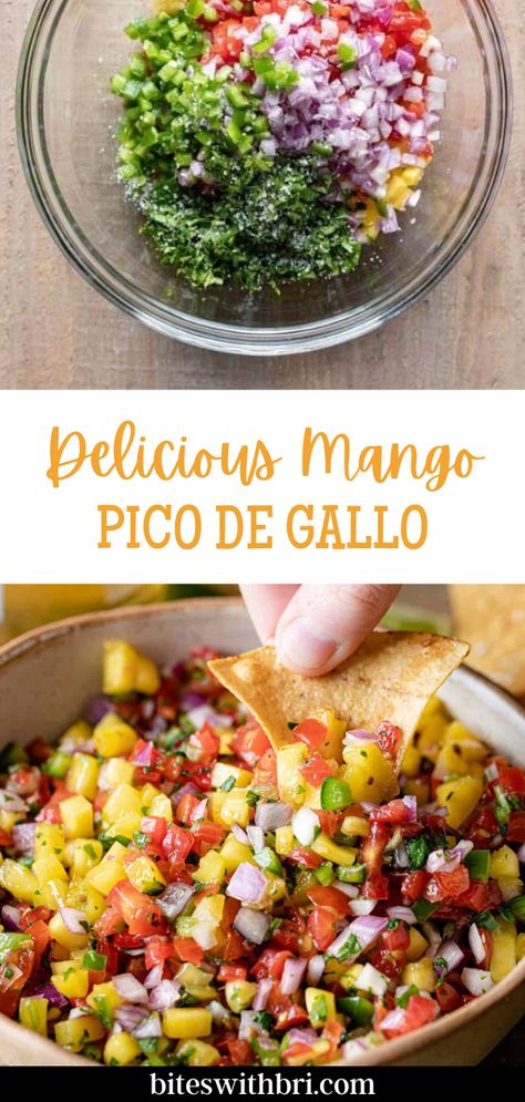 Delicious Mango Pico de Gallo is such a fun and unique pico de gallo recipe. This pico is ready in 10 minutes or less. The most time consuming part is prepping and chopping the vegetables. Serve it with chips, on tacos, salads, or bowls. This pico is perfect for summer time because it is light, fresh, cool, and requires no cooking. This dip is great to serve at a Super Bowl party as an appetizer. Pico is actually a type of salsa. Typically you think of salsa as blended. Types Of Salsa Recipes, Spicy Pico De Galo Recipes, Fun Salsa Recipe, Mango Pico De Galo Recipes, Best Pico De Gallo Recipe Ever, Mexican Apps, Pico De Galo Recipes, Bri Recipes, Pico Recipe